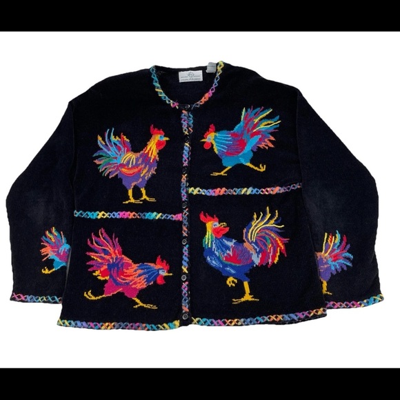 Design Options Philip Jane Gordon Sweater Womens XL Knitted Rooster Cardigan VTG - Picture 14 of 14
